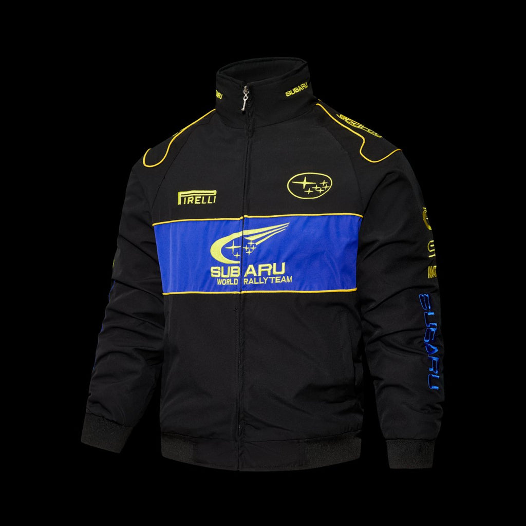 F1 Subaru World Rally Team Black and Blue Racing Jacket with Yellow Trim and Pirelli Logo