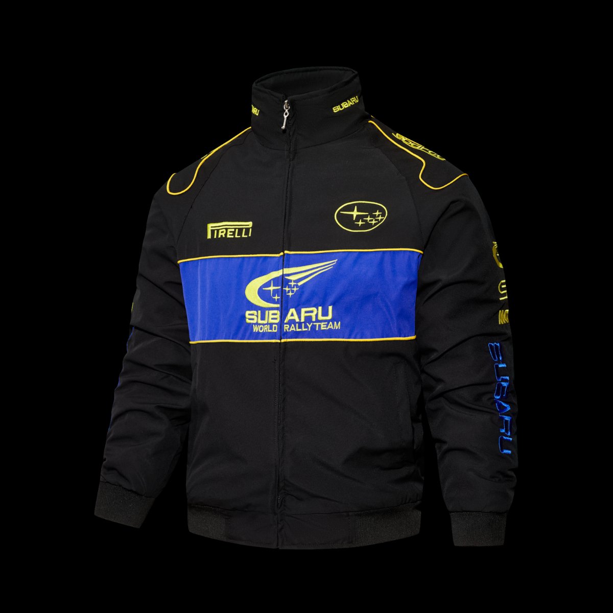 F1 Subaru World Rally Team Black and Blue Racing Jacket with Yellow Trim and Pirelli Logo
