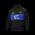 F1 Subaru World Rally Team Black and Blue Racing Jacket with Yellow Trim and Pirelli Logo