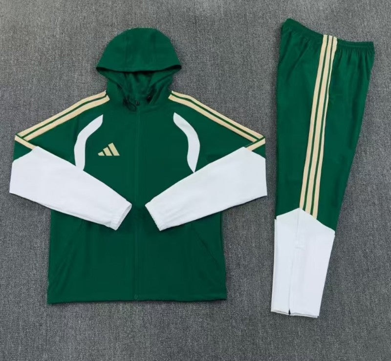 26/27 Adidas Navy Green &White Full Zipper Hooded Windbreaker Jacket Tracksuit + Long Pants