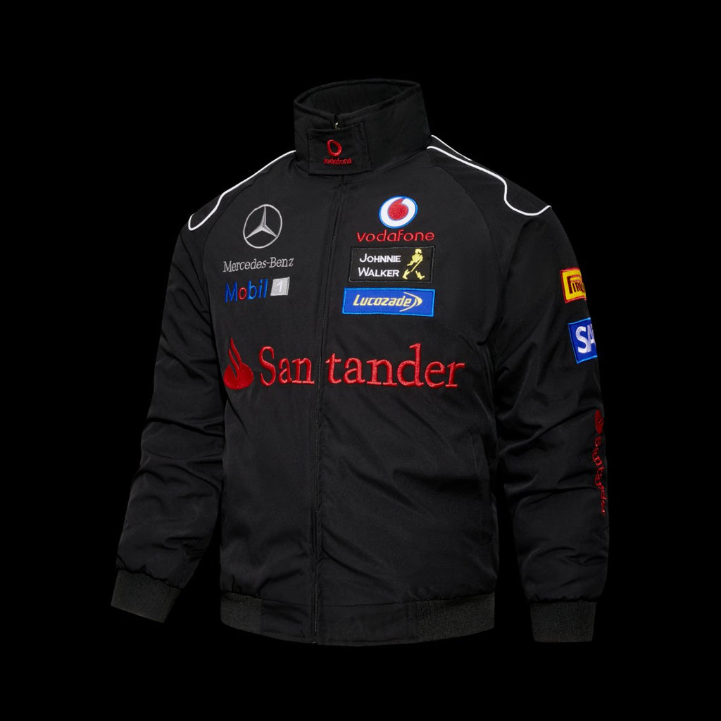 F1 McLaren Mercedes-Benz Vodafone F1 Team Black Racing Jacket with Santander Mobil 1 Johnnie Walker Sponsor Patches