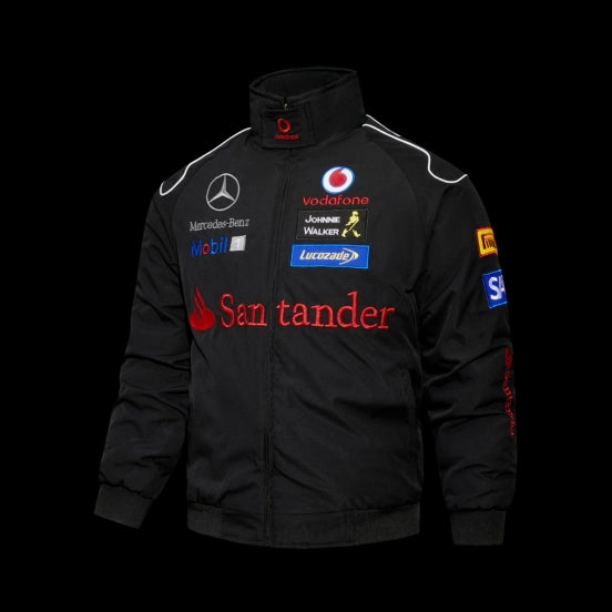 F1 McLaren Mercedes-Benz Vodafone F1 Team Black Racing Jacket with Santander Mobil 1 Johnnie Walker Sponsor Patches