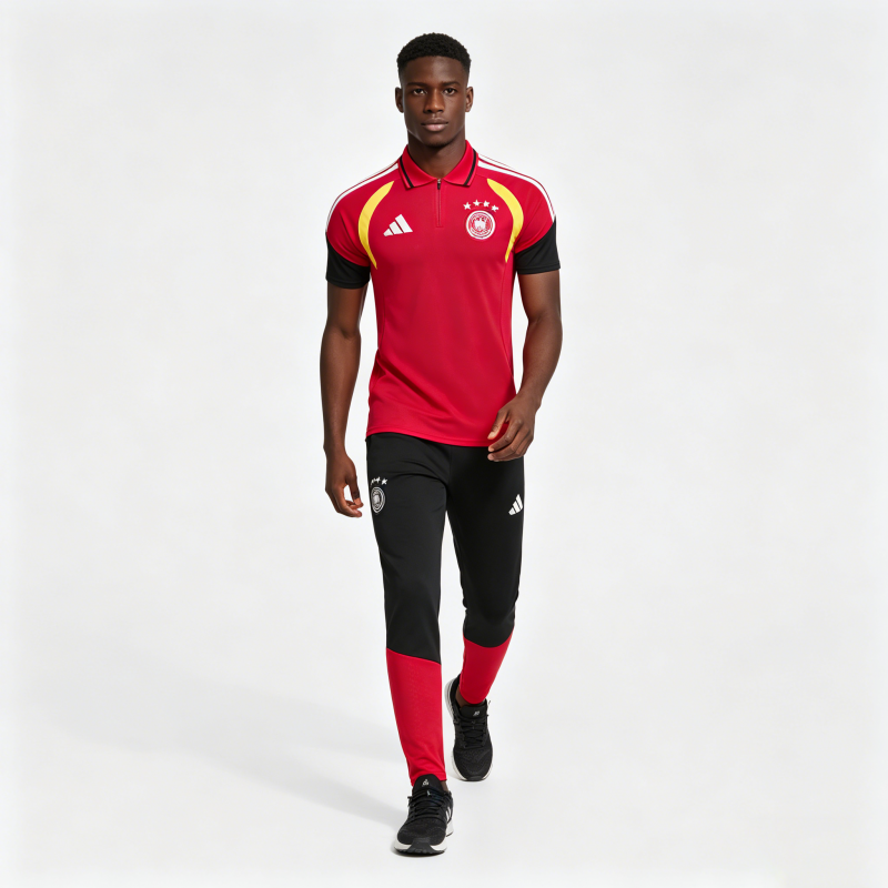 German Red & Black Half-Zip Polo Short Sleeve Tracksuit + Long Pants