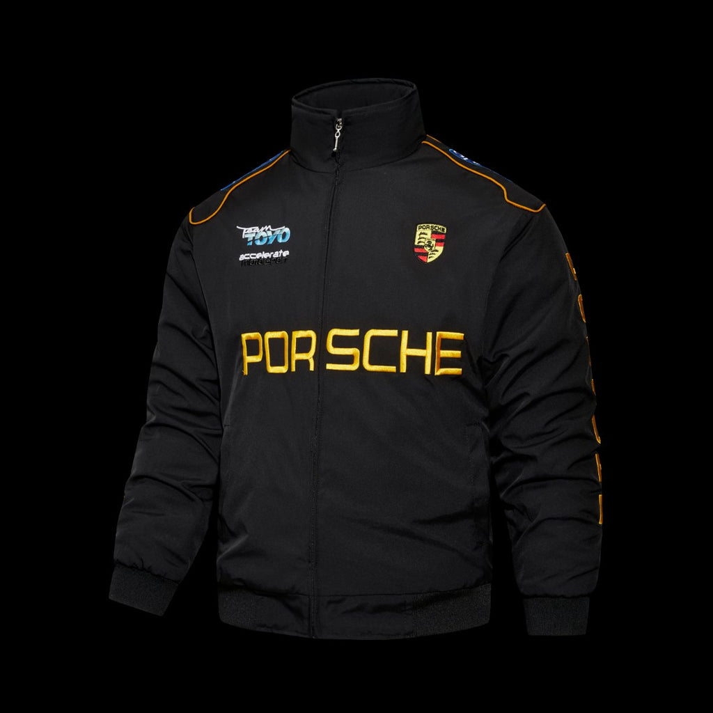 F1 Porsche Motorsport Black Racing Jacket with Gold Lettering and Crest Badge