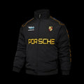 F1 Porsche Motorsport Black Racing Jacket with Gold Lettering and Crest Badge