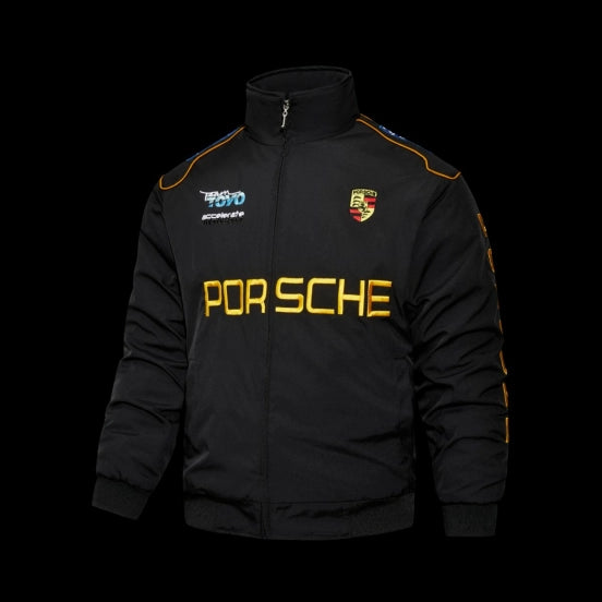 F1 Porsche Motorsport Black Racing Jacket with Gold Lettering and Crest Badge