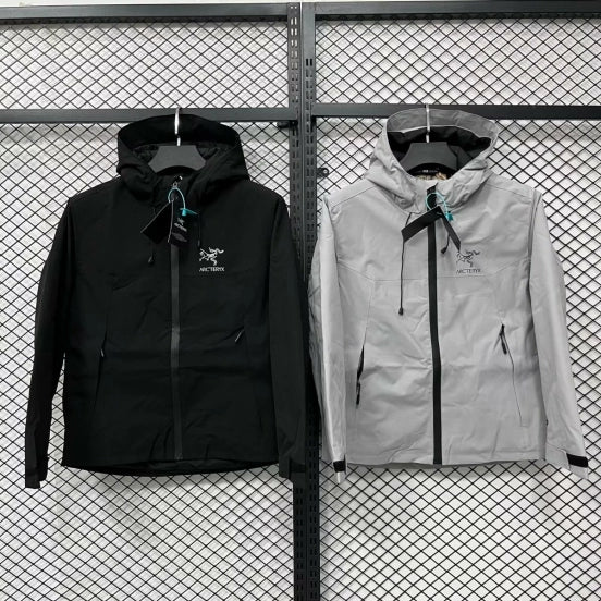 Arc'teryx Light Gray/Black Technical Hooded Jacket with Zip Closure