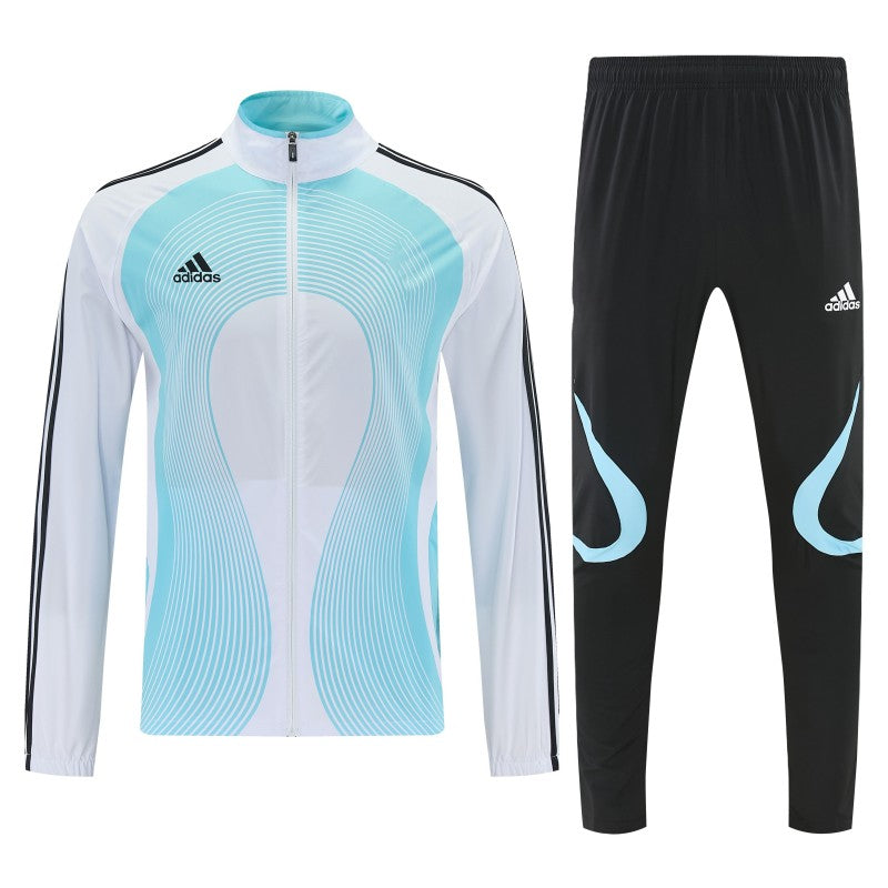 Adidas White&Light Blue Stripes Full Zipper Jacket Tracksuit + Long Pants