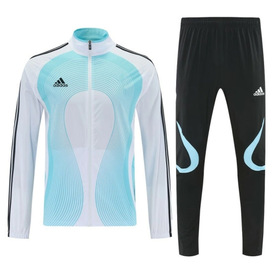 Adidas White&Light Blue Stripes Full Zipper Jacket Tracksuit + Long Pants