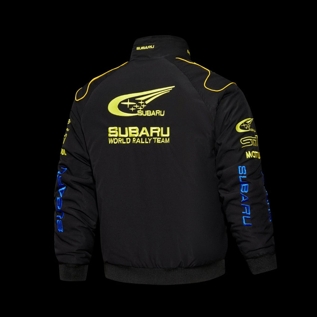 F1 Subaru World Rally Team Black and Blue Racing Jacket with Yellow Trim and Pirelli Logo