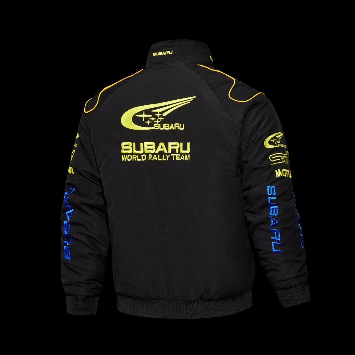 F1 Subaru World Rally Team Black and Blue Racing Jacket with Yellow Trim and Pirelli Logo