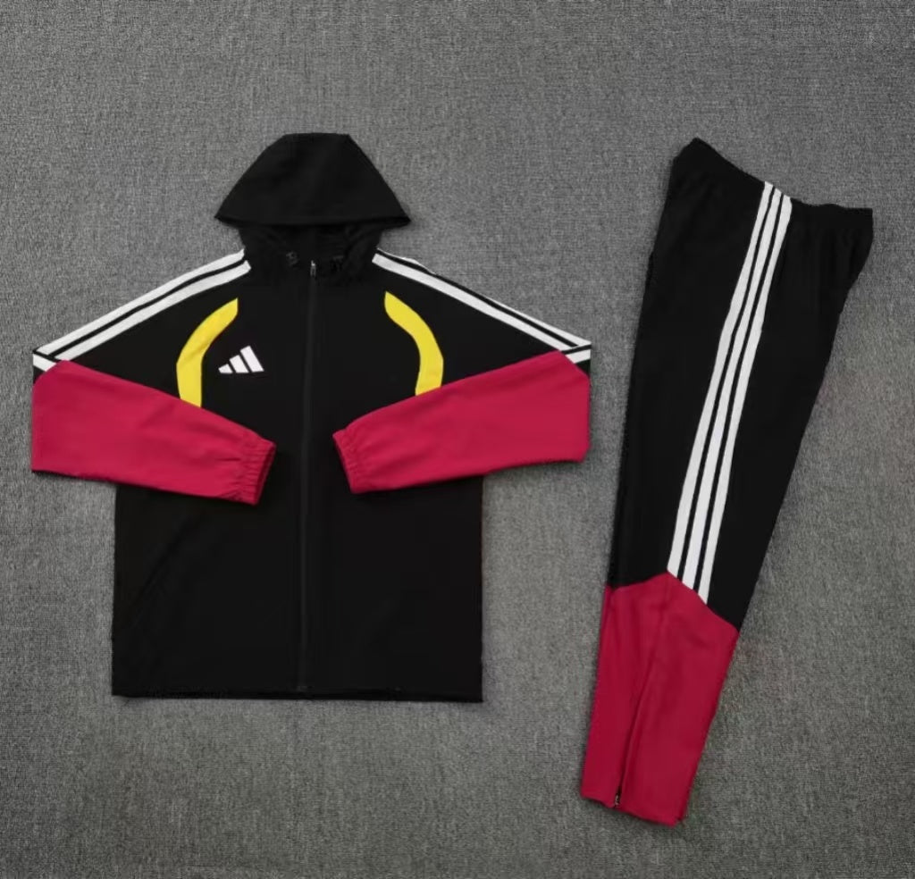 26/27 Adidas Black&Red Full Zipper Hooded Windbreaker Jacket Tracksuit + Long Pants