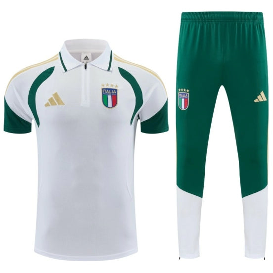 Italy White & Green Half-Zip Polo Short Sleeve Tracksuit + Long Pants