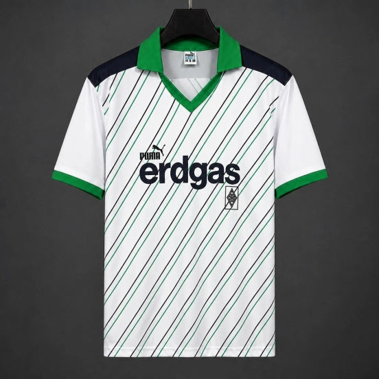 Retro 85/86/87 Borussia Monchengladbach Home White/Green Diagonal Stripes Jersey