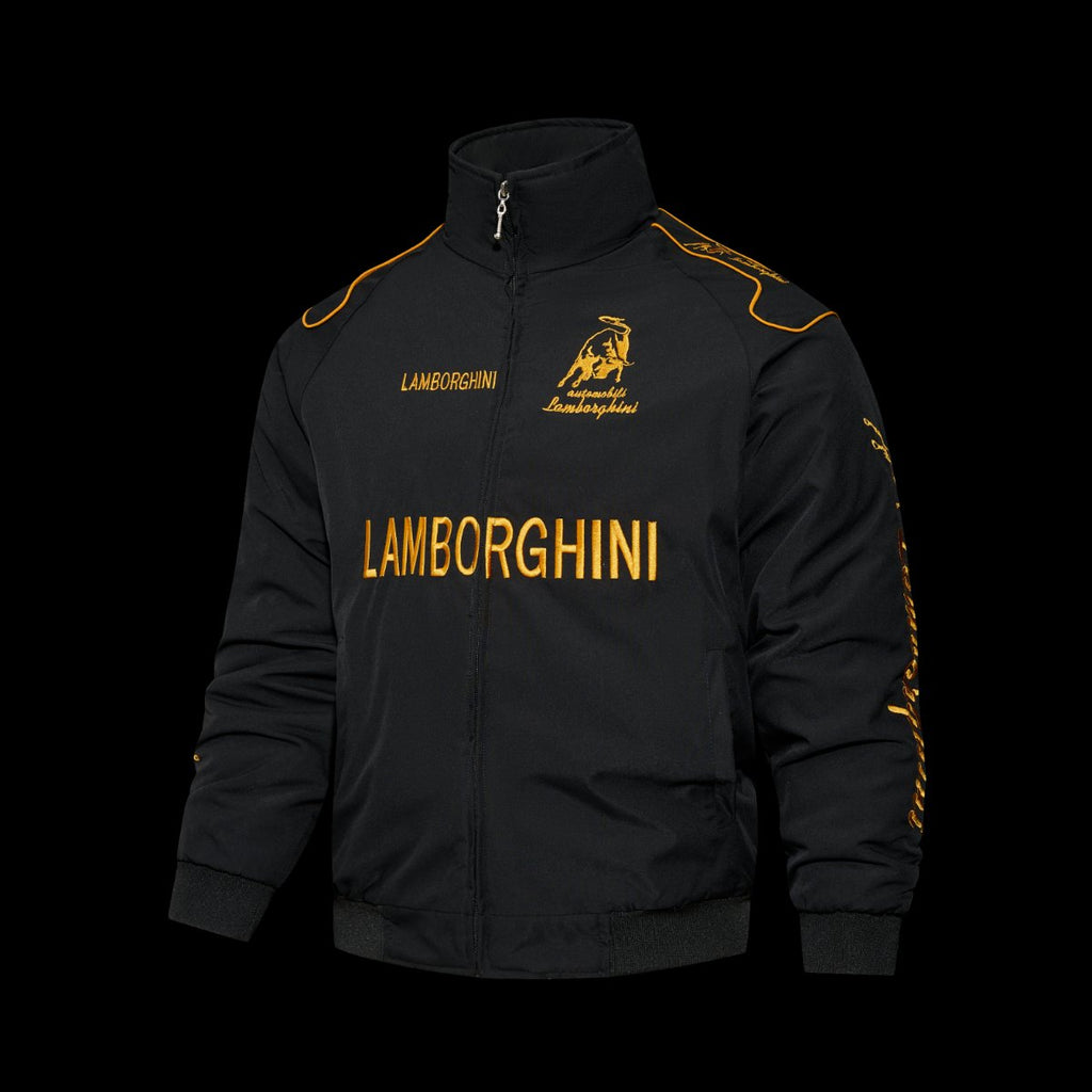 F1 Lamborghini Automobili Black Racing Jacket with Gold Bull Logo Embroidery and Piping Details