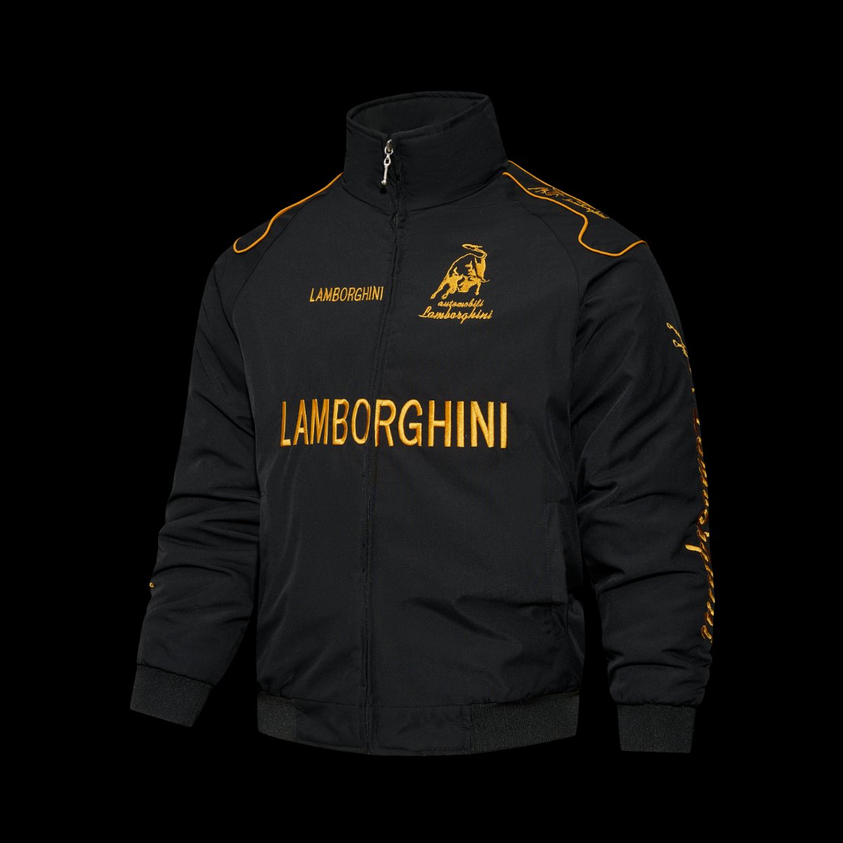 F1 Lamborghini Automobili Black Racing Jacket with Gold Bull Logo Embroidery and Piping Details