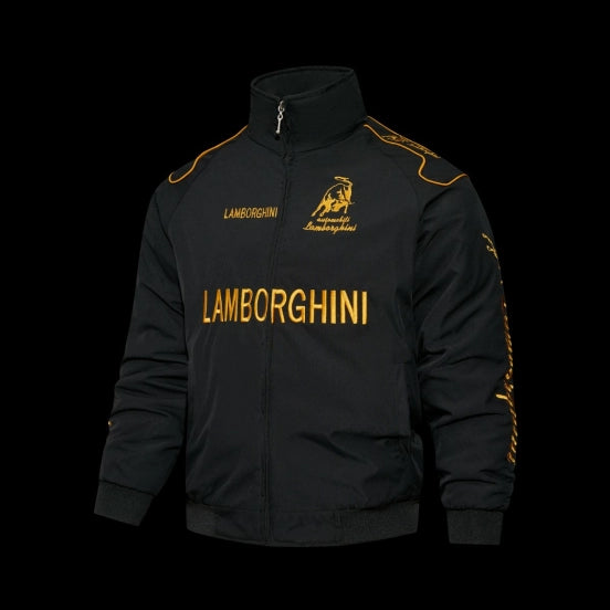 F1 Lamborghini Automobili Black Racing Jacket with Gold Bull Logo Embroidery and Piping Details