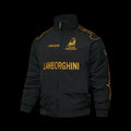 F1 Lamborghini Automobili Black Racing Jacket with Gold Bull Logo Embroidery and Piping Details