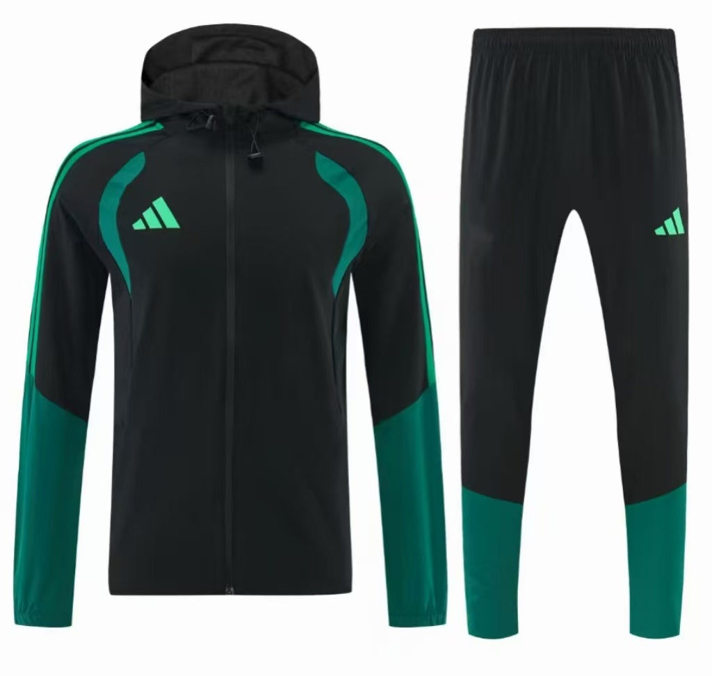 26/27 Adidas Black Full Zipper Hooded Windbreaker Jacket Tracksuit + Long Pants