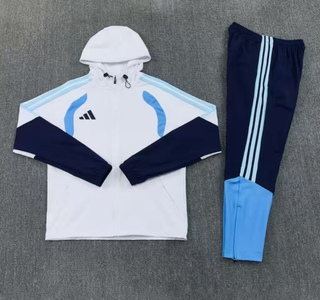 26/27 Adidas White&Navy Blue Full Zipper Hooded Windbreaker Jacket Tracksuit + Long Pants