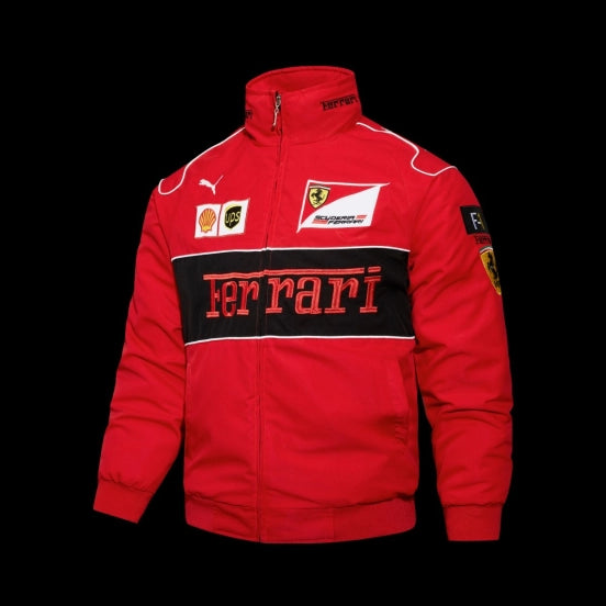 Scuderia Ferrari F1 Team Red Racing Jacket with Black Stripe and Shell UPS Sponsor Logos
