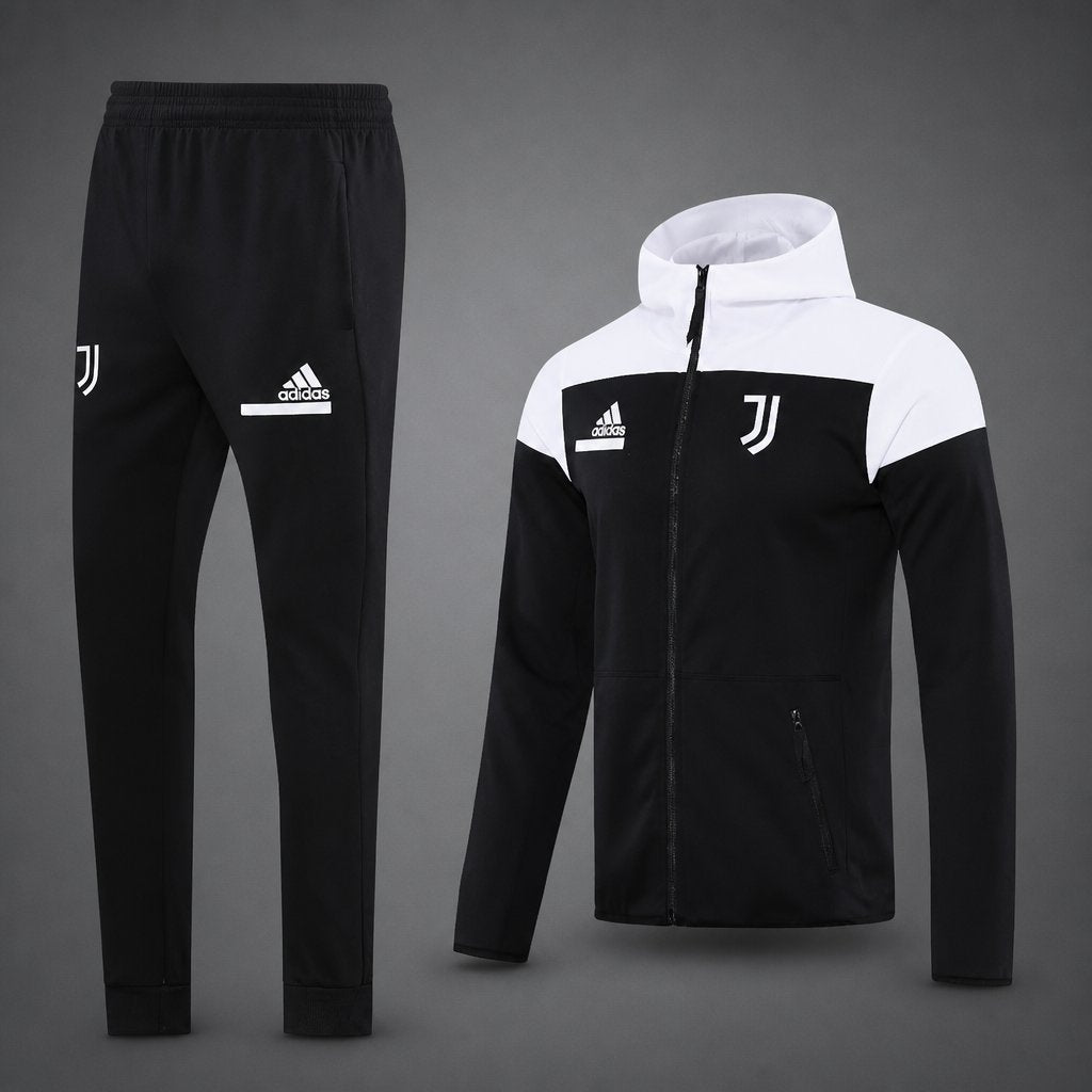 26/27 Juventus Black/White Full Zipper Hooded Jacket Tracksuit + Long Pants