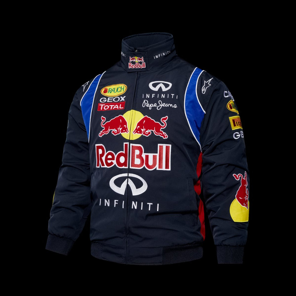 Red Bull Infiniti F1 Racing Team Navy Blue Jacket with Multi-Sponsor Logos and Blue Accents