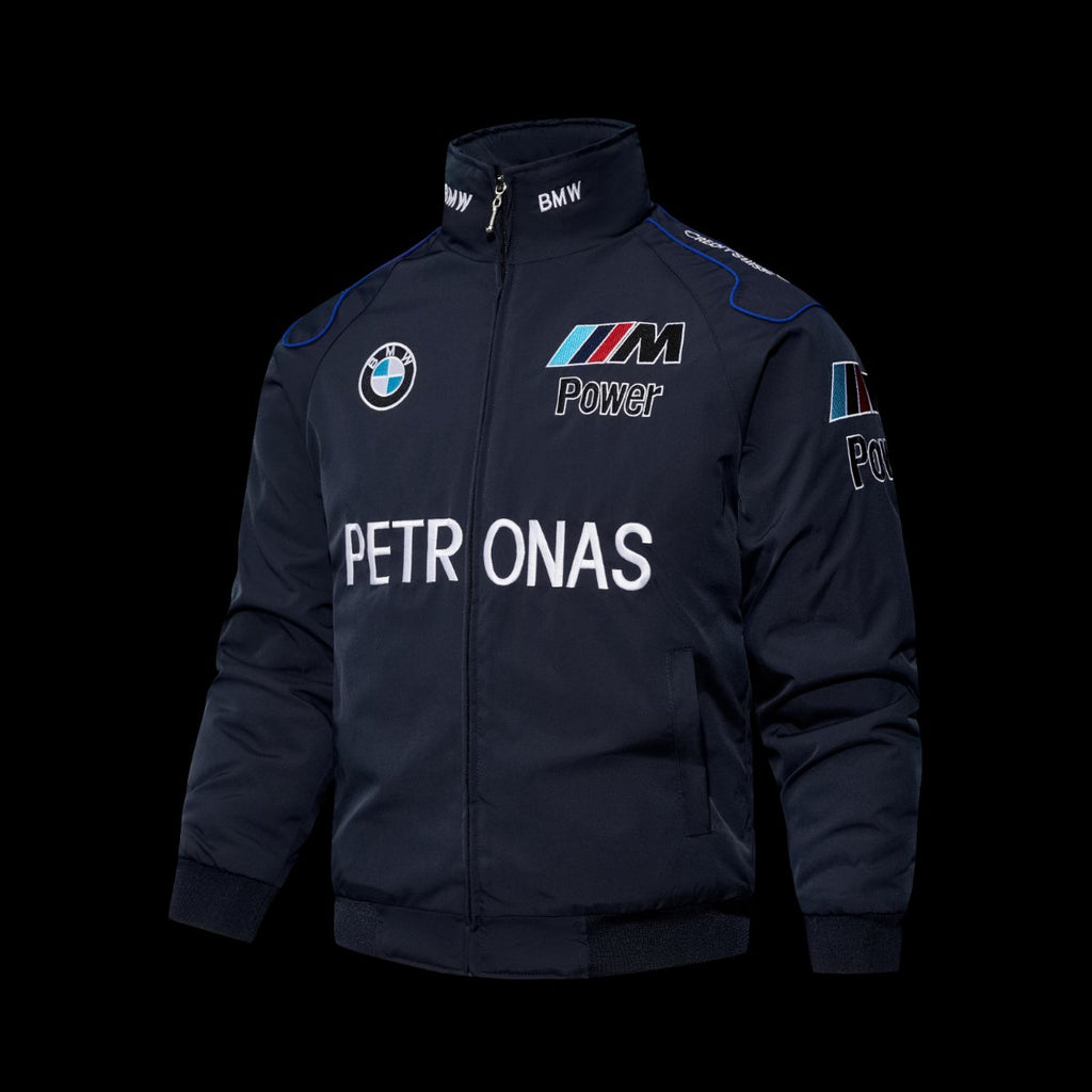 F1 BMW M Power Petronas Navy Blue Motorsport Racing Jacket with Embroidered Logo Patches