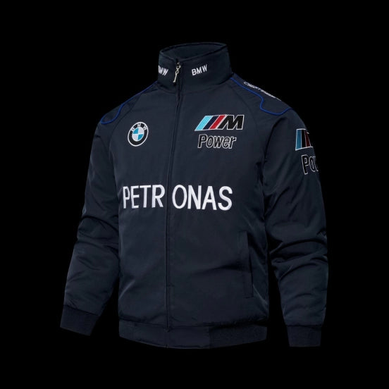 F1 BMW M Power Petronas Navy Blue Motorsport Racing Jacket with Embroidered Logo Patches