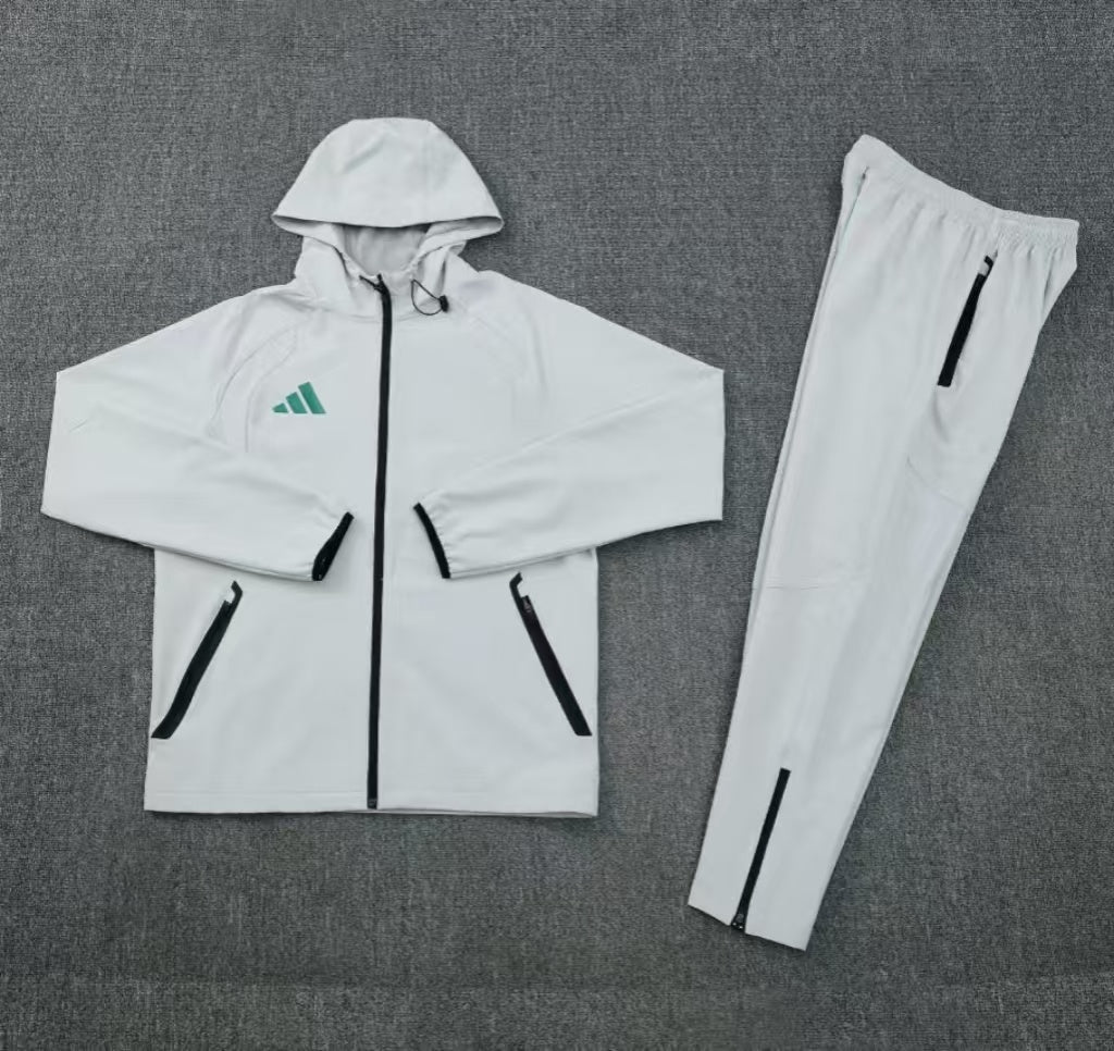 26/27 Adidas Light Grey Full Zipper Hooded Windbreaker Jacket Tracksuit + Long Pants