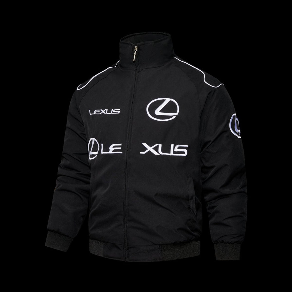 F1 Lexus Black Racing Jacket with White Logo Embroidery and Piping Details