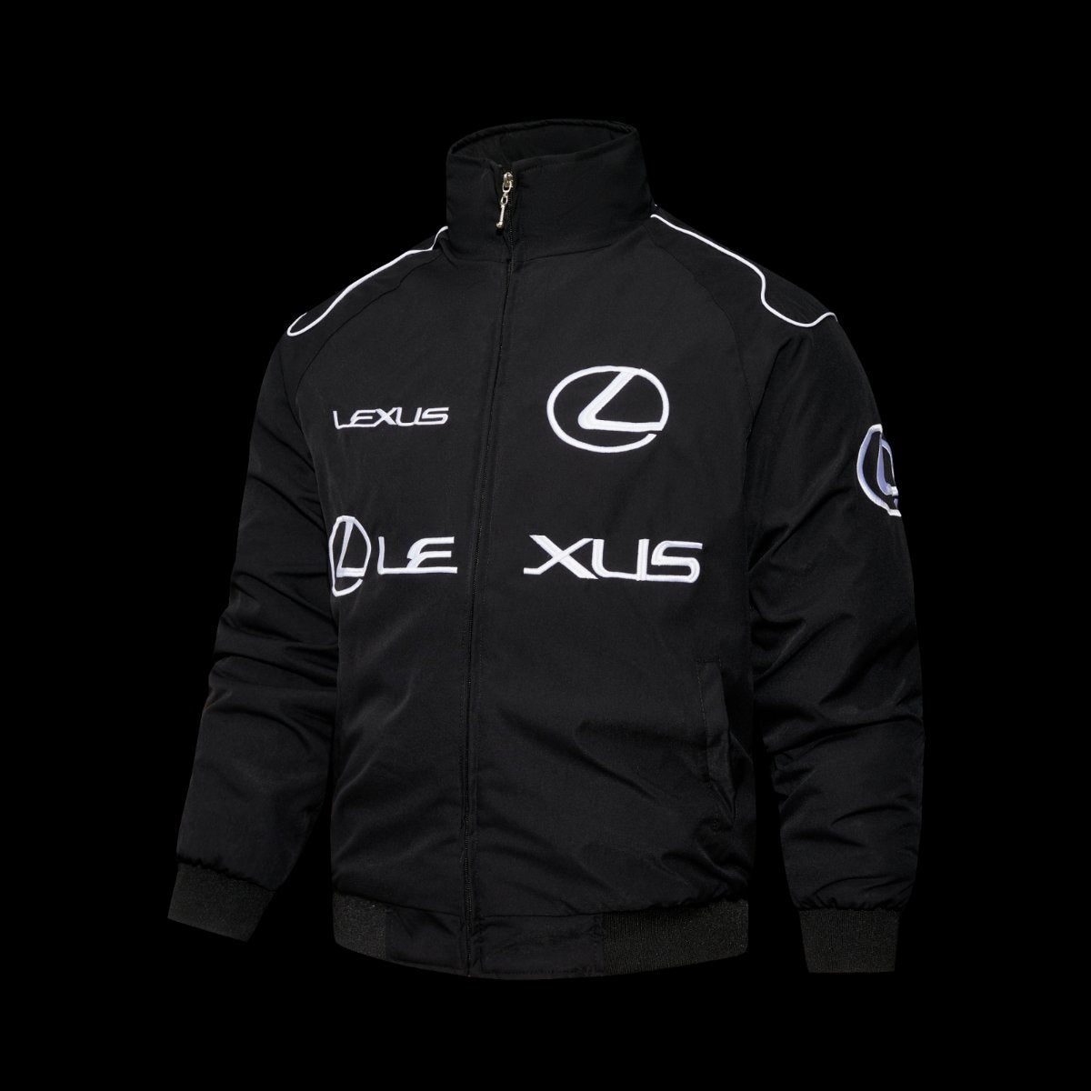 F1 Lexus Black Racing Jacket with White Logo Embroidery and Piping Details