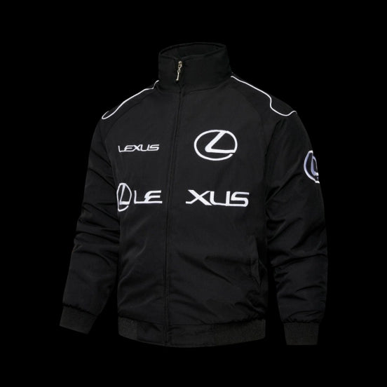 F1 Lexus Black Racing Jacket with White Logo Embroidery and Piping Details