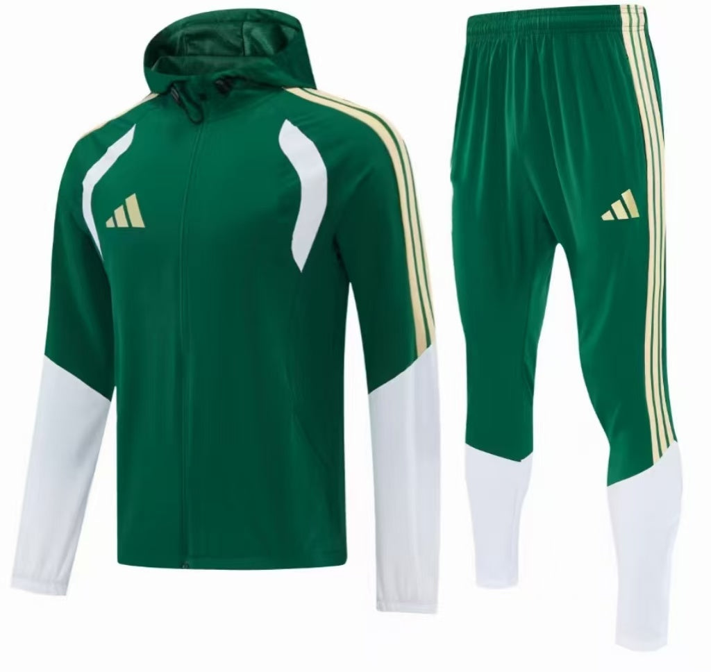 26/27 Adidas Navy Green &White Full Zipper Hooded Windbreaker Jacket Tracksuit + Long Pants