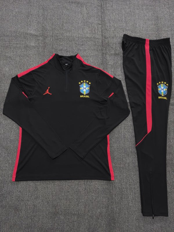26/27 Kids Brazil Black & Red Half Zipper Jacket Tracksuit + Long Pants
