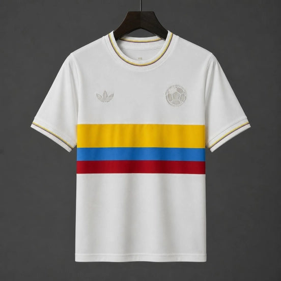 Retro 1990 Colombia White With Tricolor Stripes Away Jersey