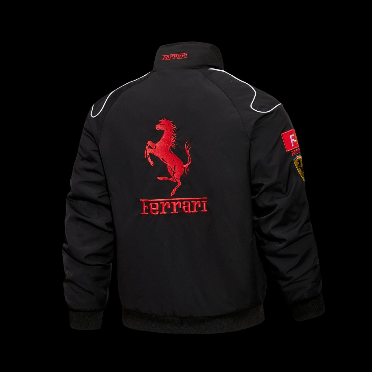 Scuderia Ferrari F1 Team Black Racing Jacket with Red Stripe and Shell UPS Sponsor Logos