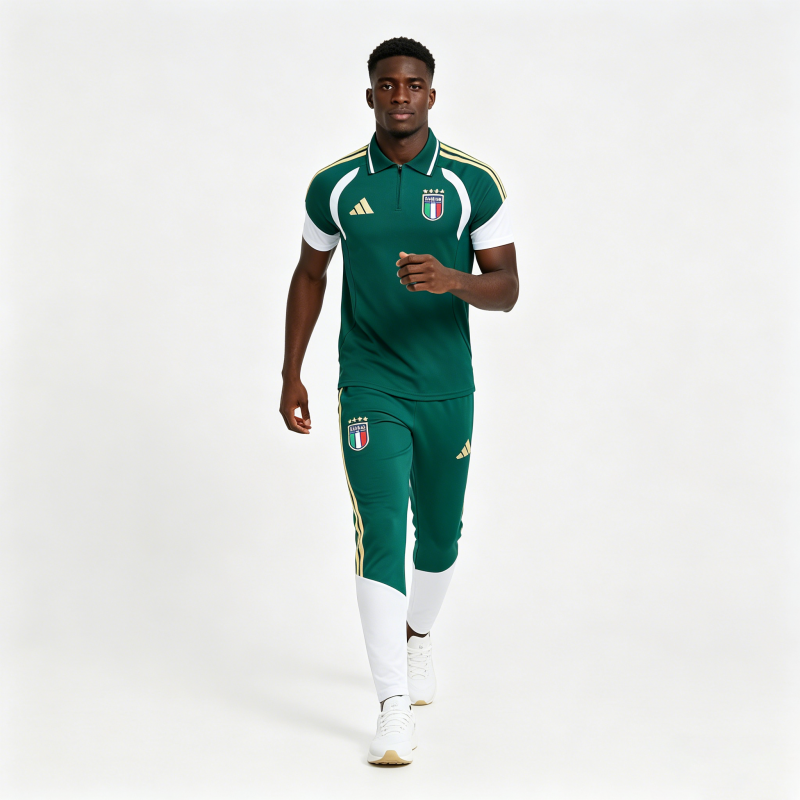 Italy Green & White Half-Zip Polo Short Sleeve Tracksuit + Long Pants