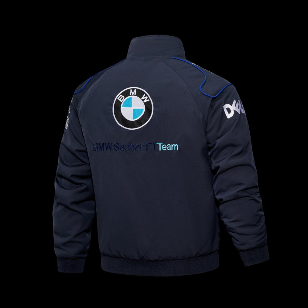 F1 BMW M Power Petronas Navy Blue Motorsport Racing Jacket with Embroidered Logo Patches