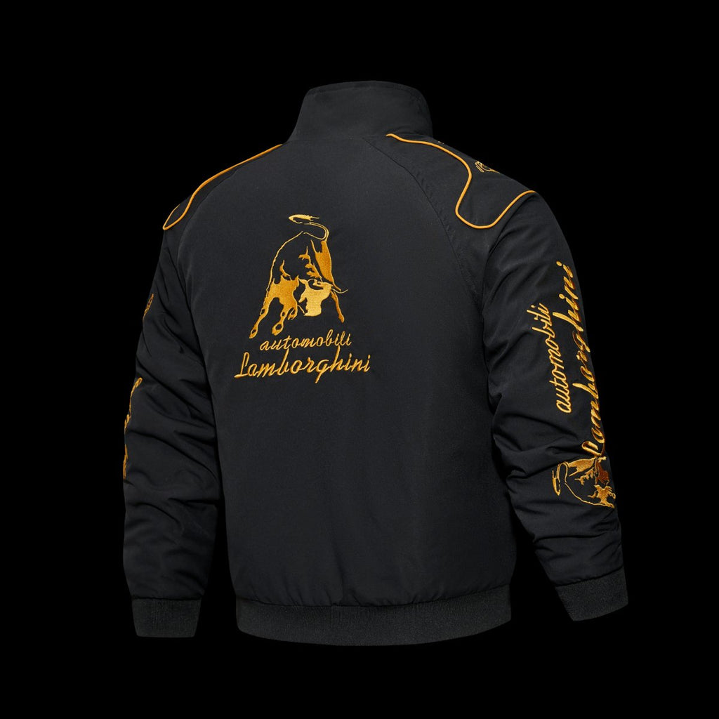 F1 Lamborghini Automobili Black Racing Jacket with Gold Bull Logo Embroidery and Piping Details