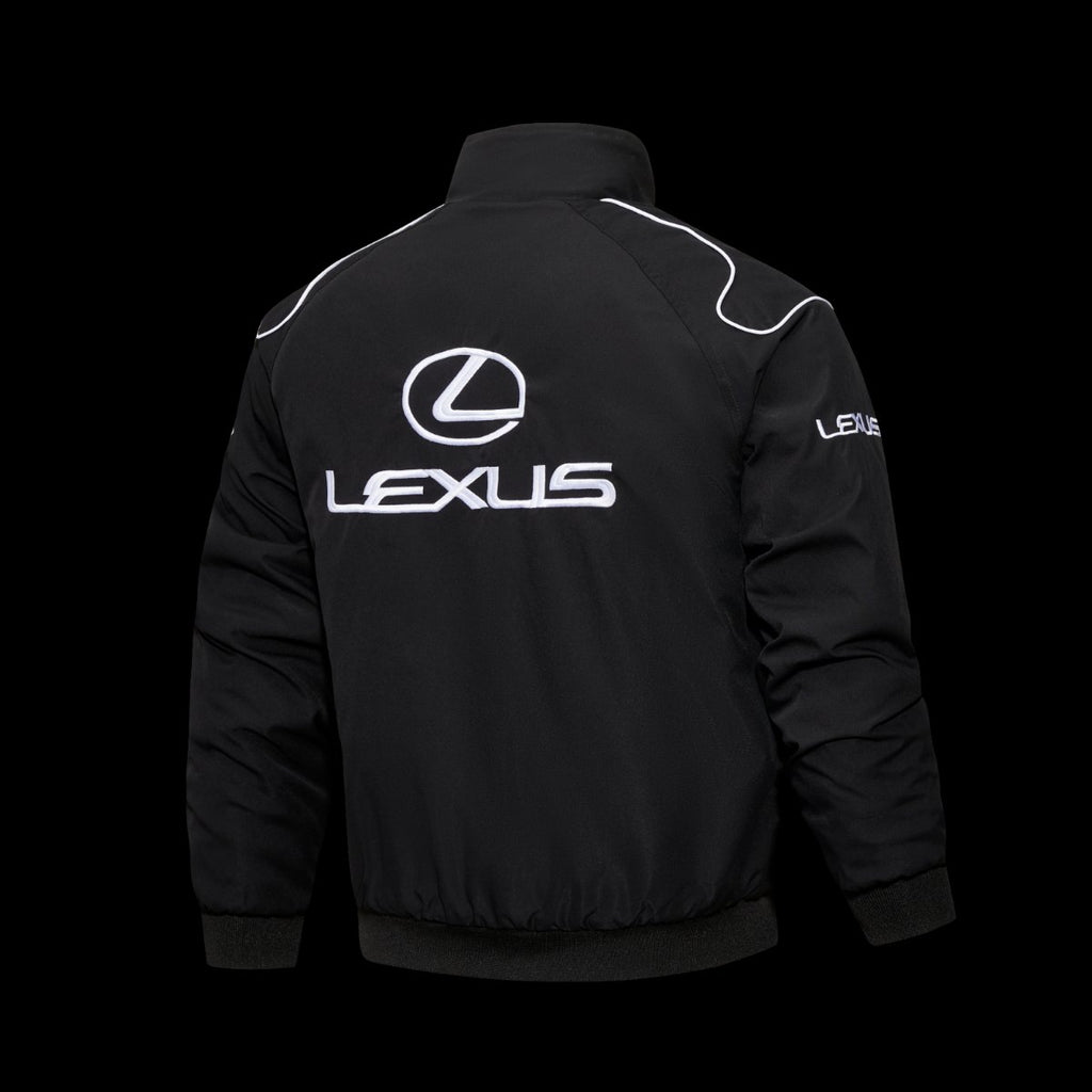F1 Lexus Black Racing Jacket with White Logo Embroidery and Piping Details