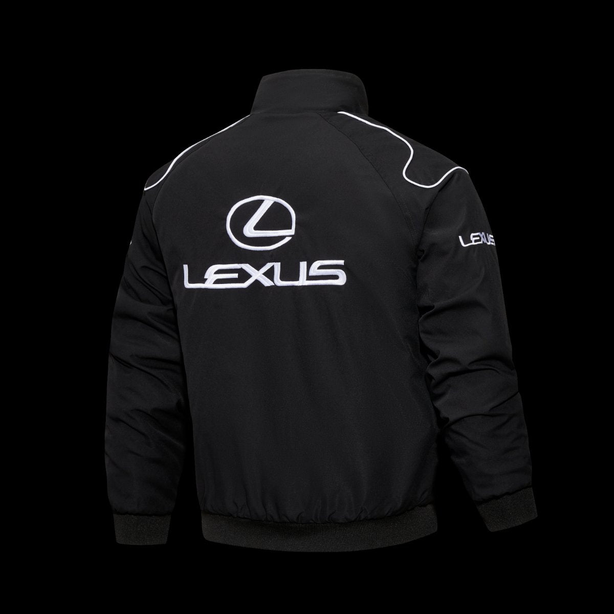 F1 Lexus Black Racing Jacket with White Logo Embroidery and Piping Details