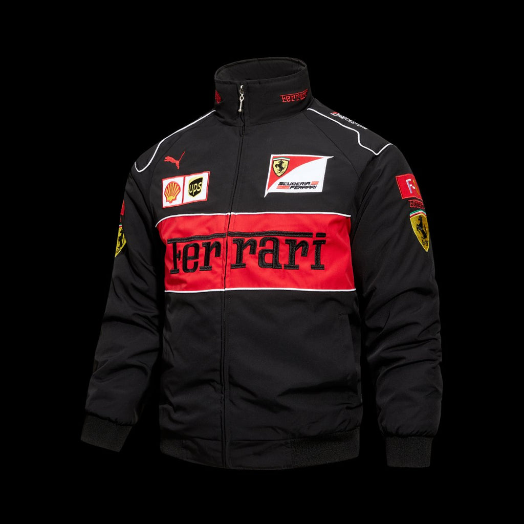 Scuderia Ferrari F1 Team Black Racing Jacket with Red Stripe and Shell UPS Sponsor Logos