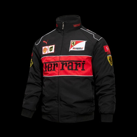 Scuderia Ferrari F1 Team Black Racing Jacket with Red Stripe and Shell UPS Sponsor Logos