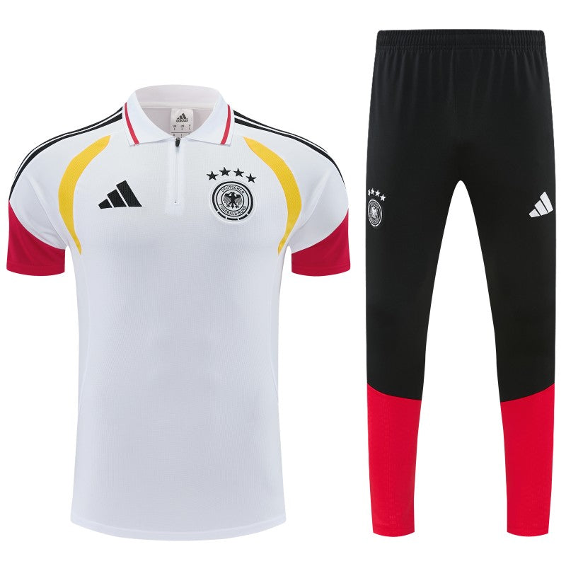 German White & Black Half-Zip Polo Short Sleeve Tracksuit + Long Pants