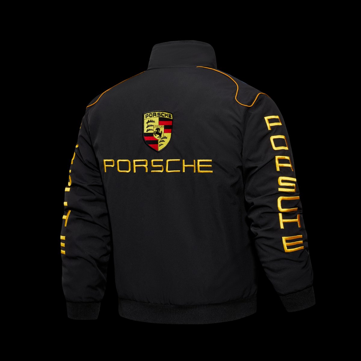 F1 Porsche Motorsport Black Racing Jacket with Gold Lettering and Crest Badge