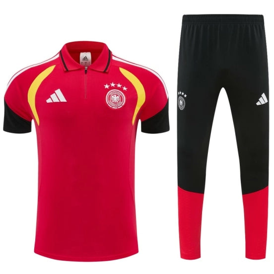 German Red & Black Half-Zip Polo Short Sleeve Tracksuit + Long Pants