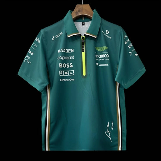 F1 Aston Martin Aramco F1 Team Dark Green with Yellow Zipper Polo
