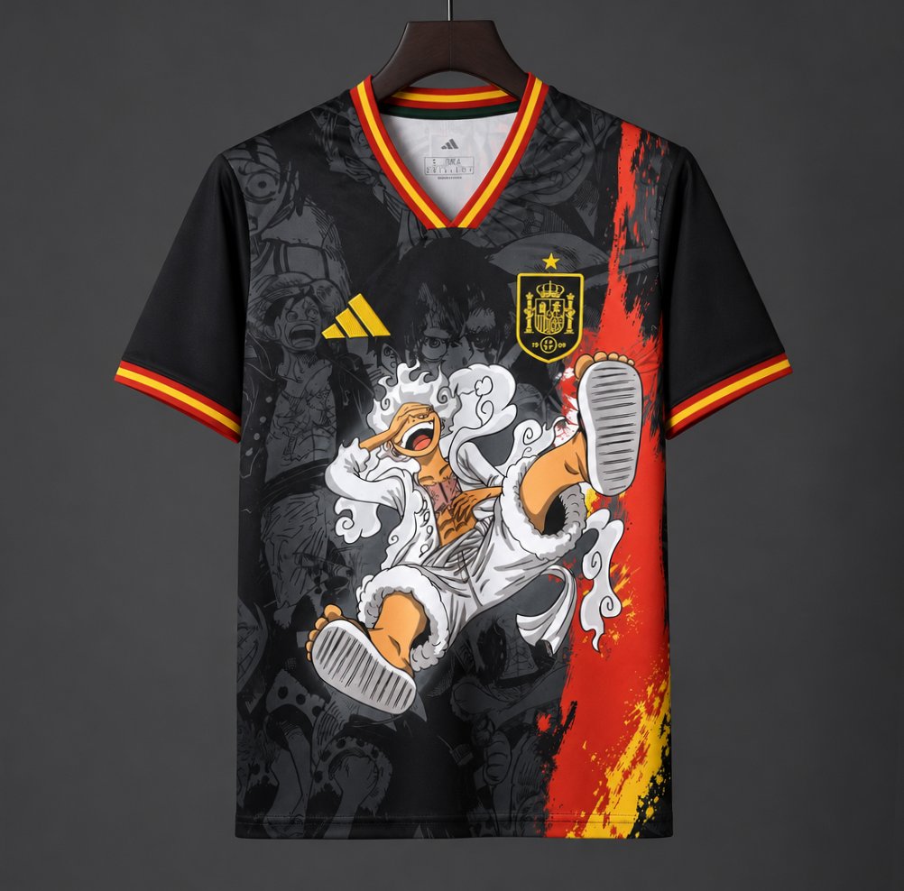 Spain Special Edition Black Red and Yellow Gear 5 Luffy Anime Graphic Soccer Jersey