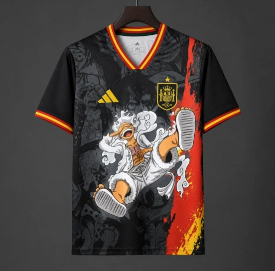Spain Special Edition Black Red and Yellow Gear 5 Luffy Anime Graphic Soccer Jersey